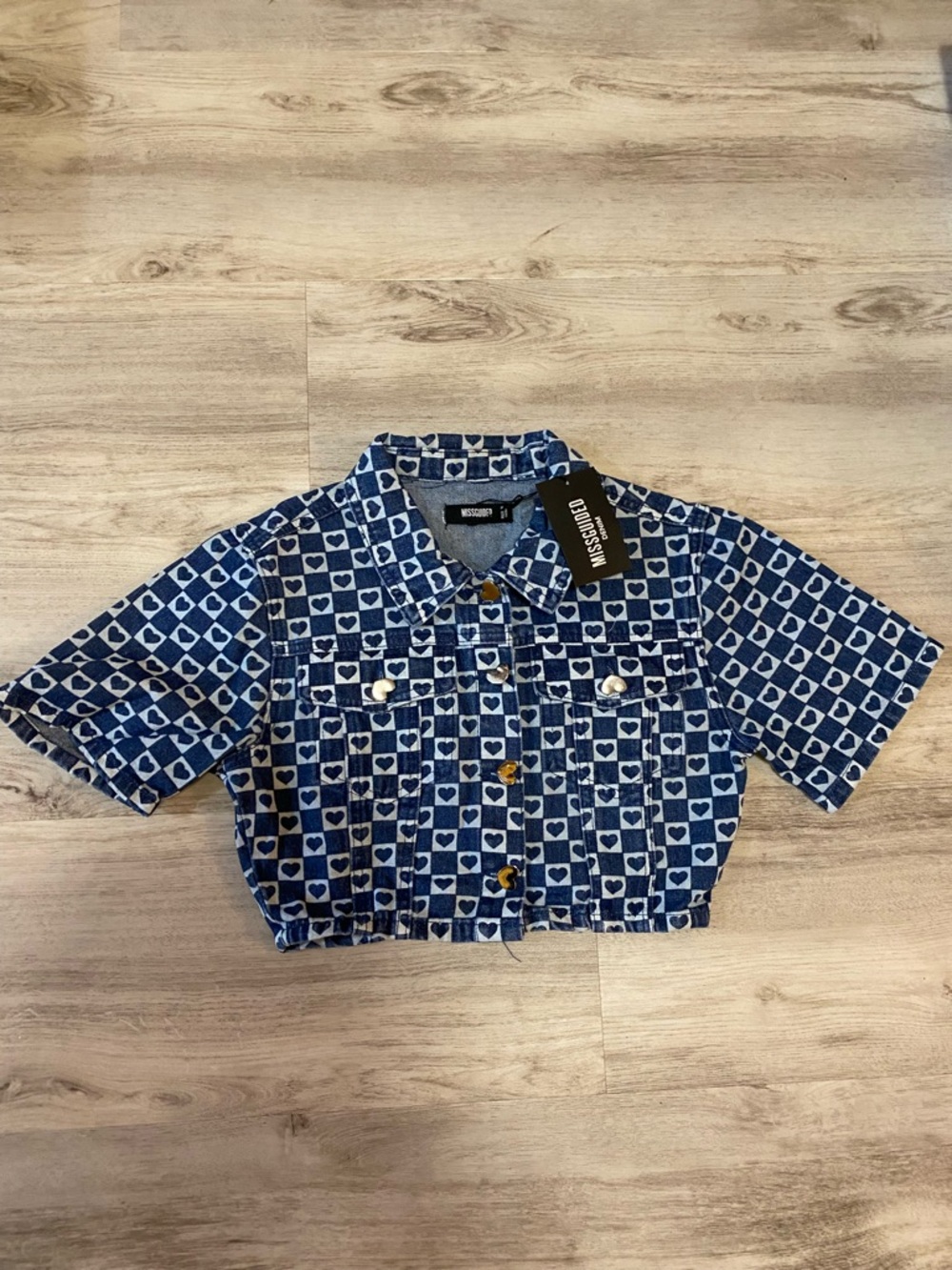 Missguided Blue Heart-Print Cropped Denim Jacket - Picture 3 of 16